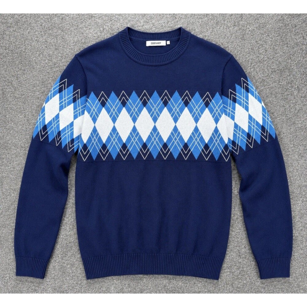 COOFANDY Mens Large Blue Argyle Knit Sweater Pullover Crew Neck Casual Golf